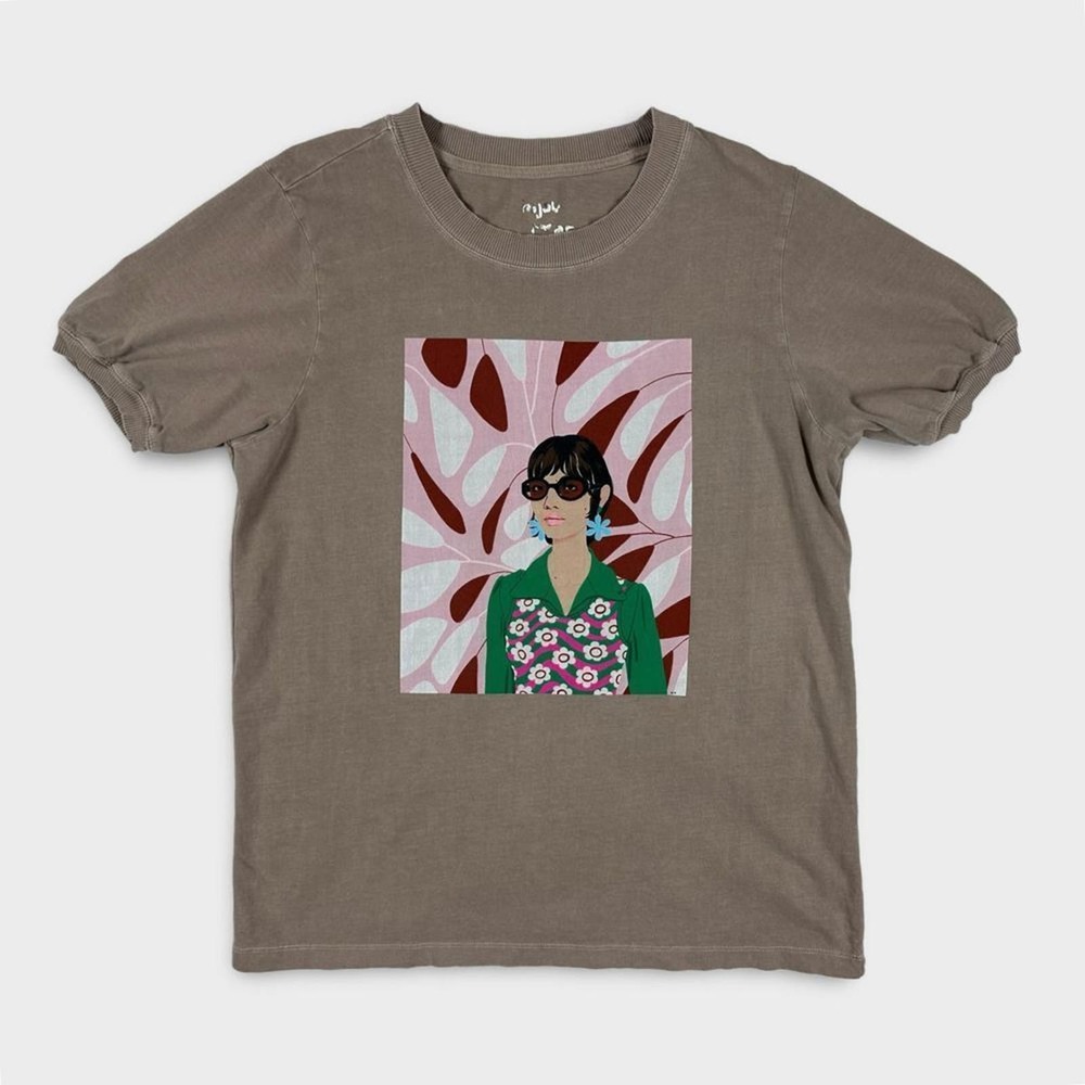 Bijou T-Shirt Puff Sleeve Fashion Graphic Short Sleeved Crew Gray Pink Medium